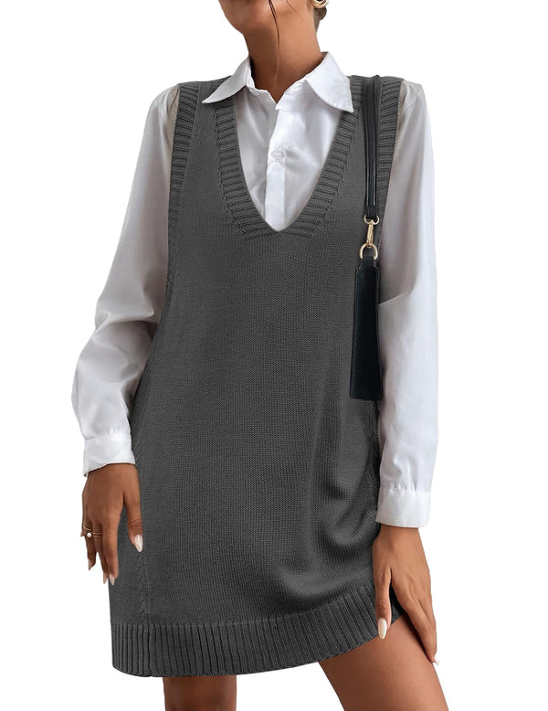 Women's V-Neck Sweater Vest Dress with Pockets (Buy 2 Free Shipping)