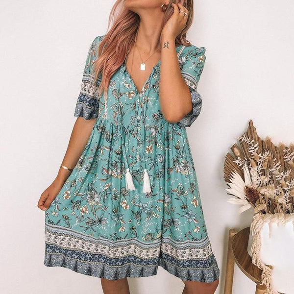 Boho Tassels Floral Mini Dress