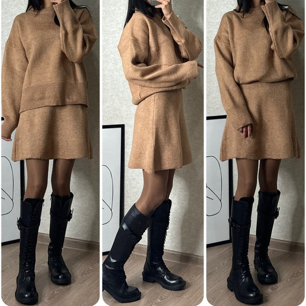 Women's casual knitted sweater skirt suit versatile college style sweet solid color 2-piece new autumn